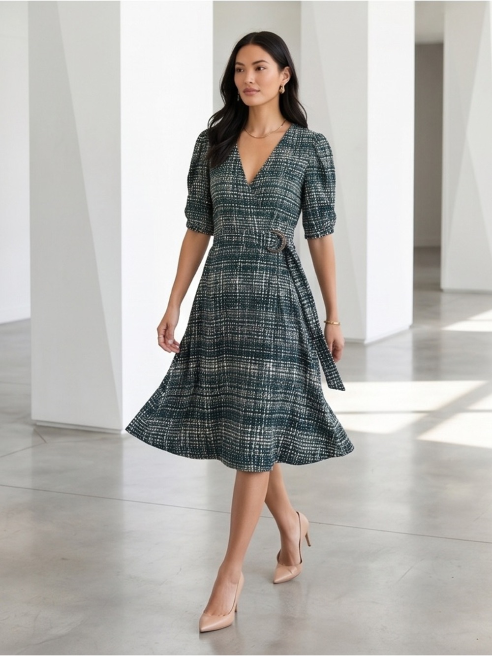 Enfocus Studio Teal & Black Printed Belted Midi Dress | Puff Sleeve | Size 8